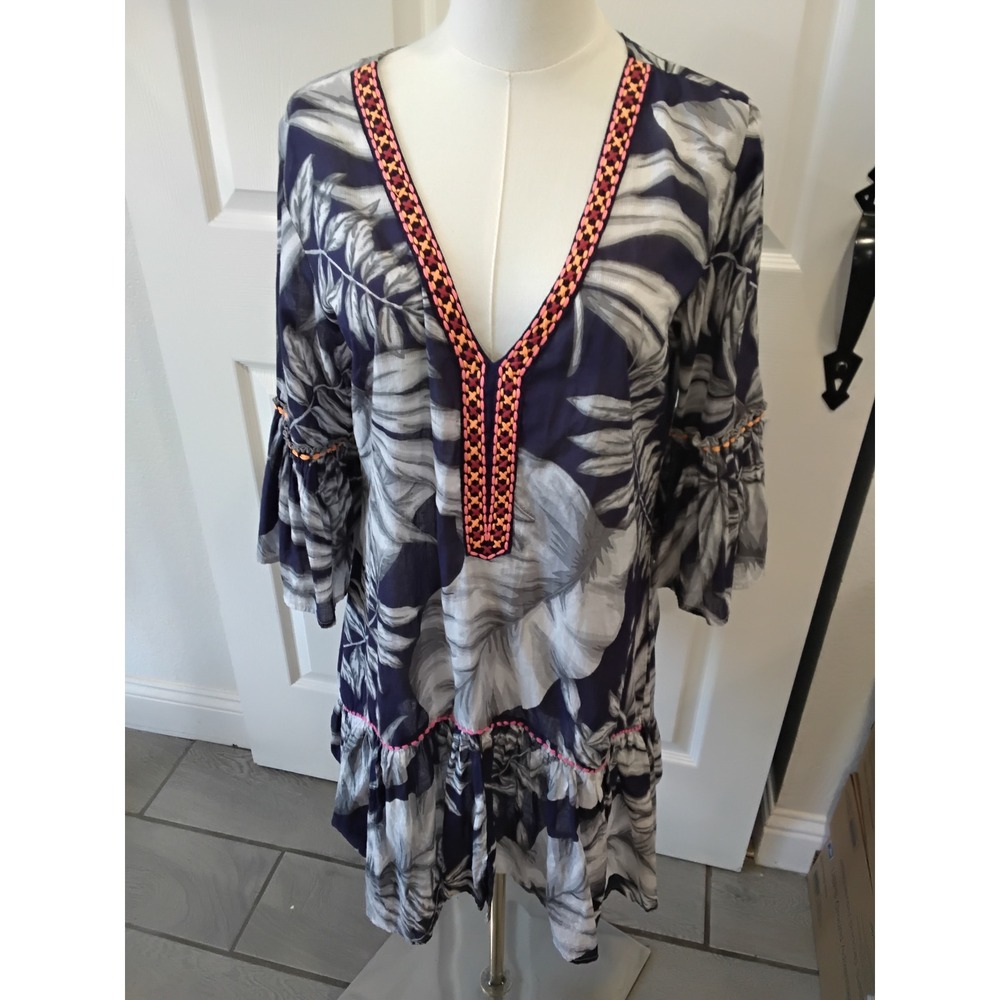Debbie Katz South Beach Navy Tropical Palm Print Embroidered V-Neck Tunic S